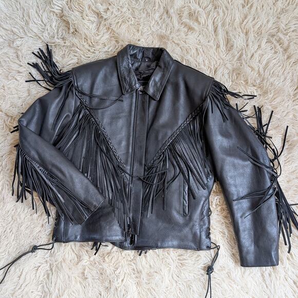 Vintage Black Leather Biker Jacket Fringe Sexy Moto Cowgirl Western Coat Small - Picture 5 of 12
